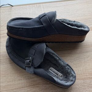 Birkenstock Charcoal Suede Shearling Mule Clogs